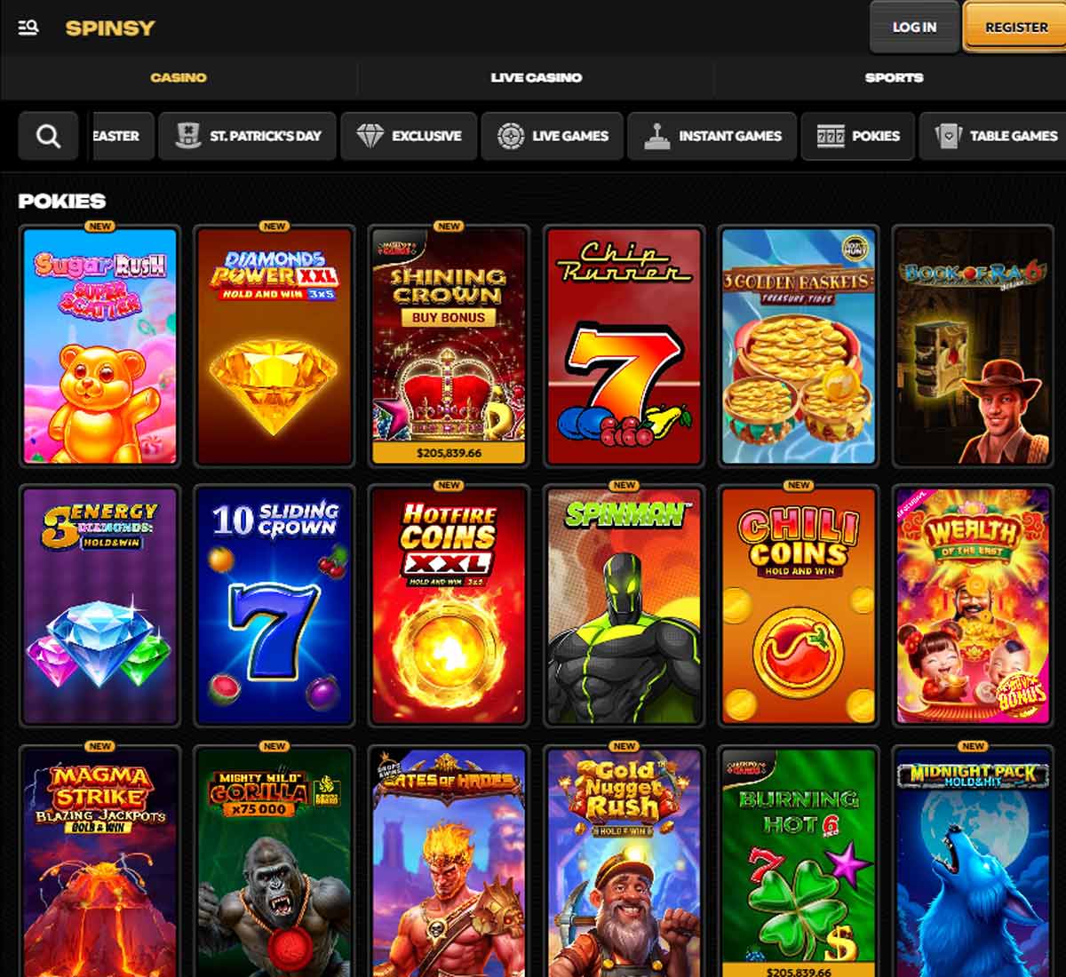 Spinsy Casino desktop slots screenshot displaying full game library with categories, featured slots and filtering options on widescreen interface - tested