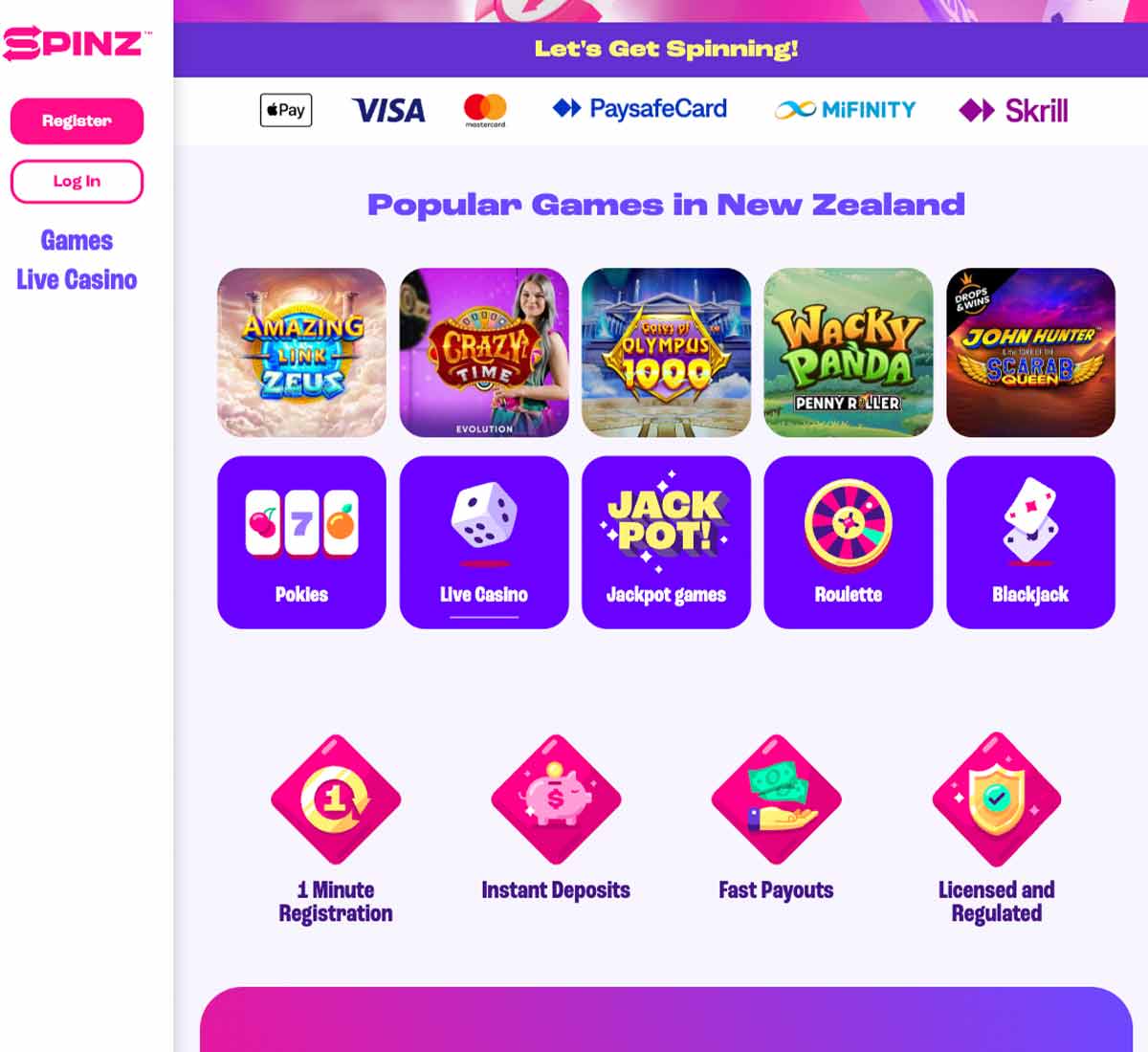 Spinz Casino desktop homepage screenshot showing hero banners, navigation menu, featured games and promotional sections on the main landing page - tested Spinz Casino desktop homepage screenshot showing hero banners, navigation menu, featured games and promotional sections on the main landing page - tested