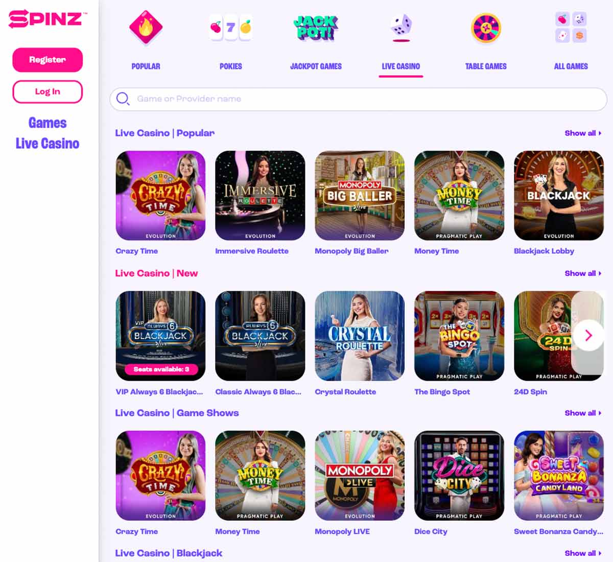 Spinz Casino desktop live casino screenshot displaying live dealer tables, game selection and streaming interface on widescreen layout - tested Spinz Casino desktop live casino screenshot displaying live dealer tables, game selection and streaming interface on widescreen layout - tested