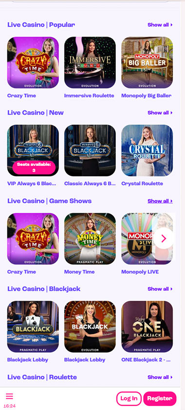 Spinz Casino mobile live casino screenshot showing live dealer tables, game thumbnails and lobby interface on smartphone - tested