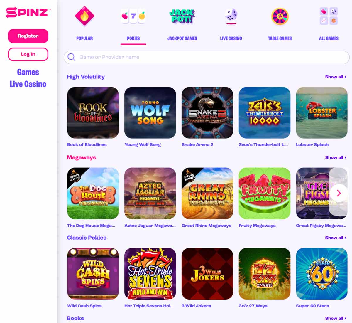 Spinz Casino desktop slots screenshot displaying full game library with categories, featured slots and filtering options on widescreen interface - tested