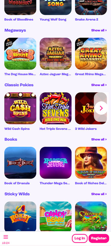 Spinz Casino mobile slots screenshot showing slot game library with featured titles, categories and navigation on smartphone interface - tested