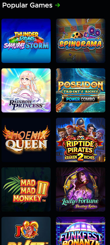 SpinzWin Casino mobile popular games screenshot showing trending casino games, featured titles and navigation on smartphone interface - tested