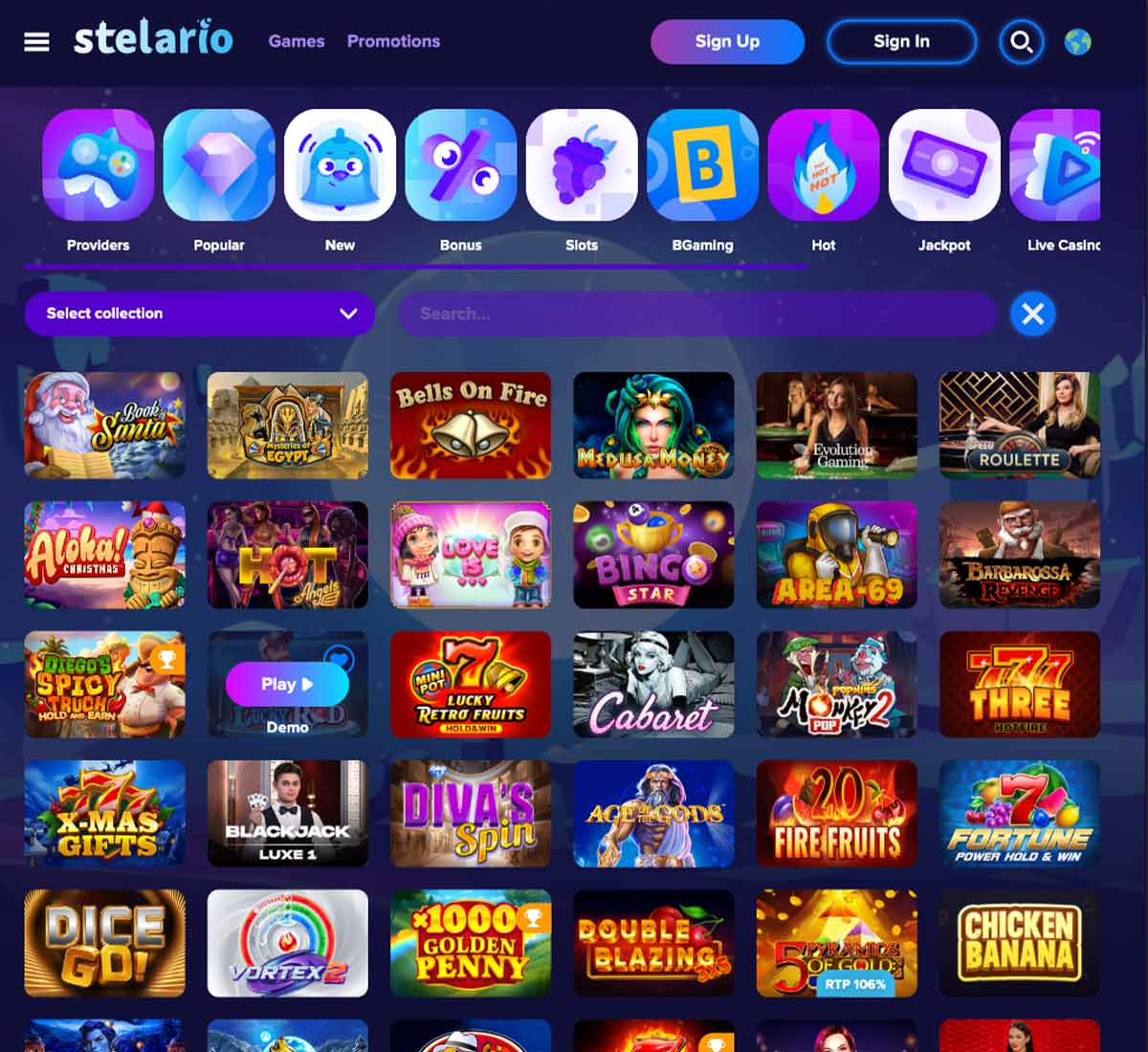 Stelario Casino desktop homepage screenshot showing hero banners, navigation menu, featured games and promotional sections on the main landing page - tested