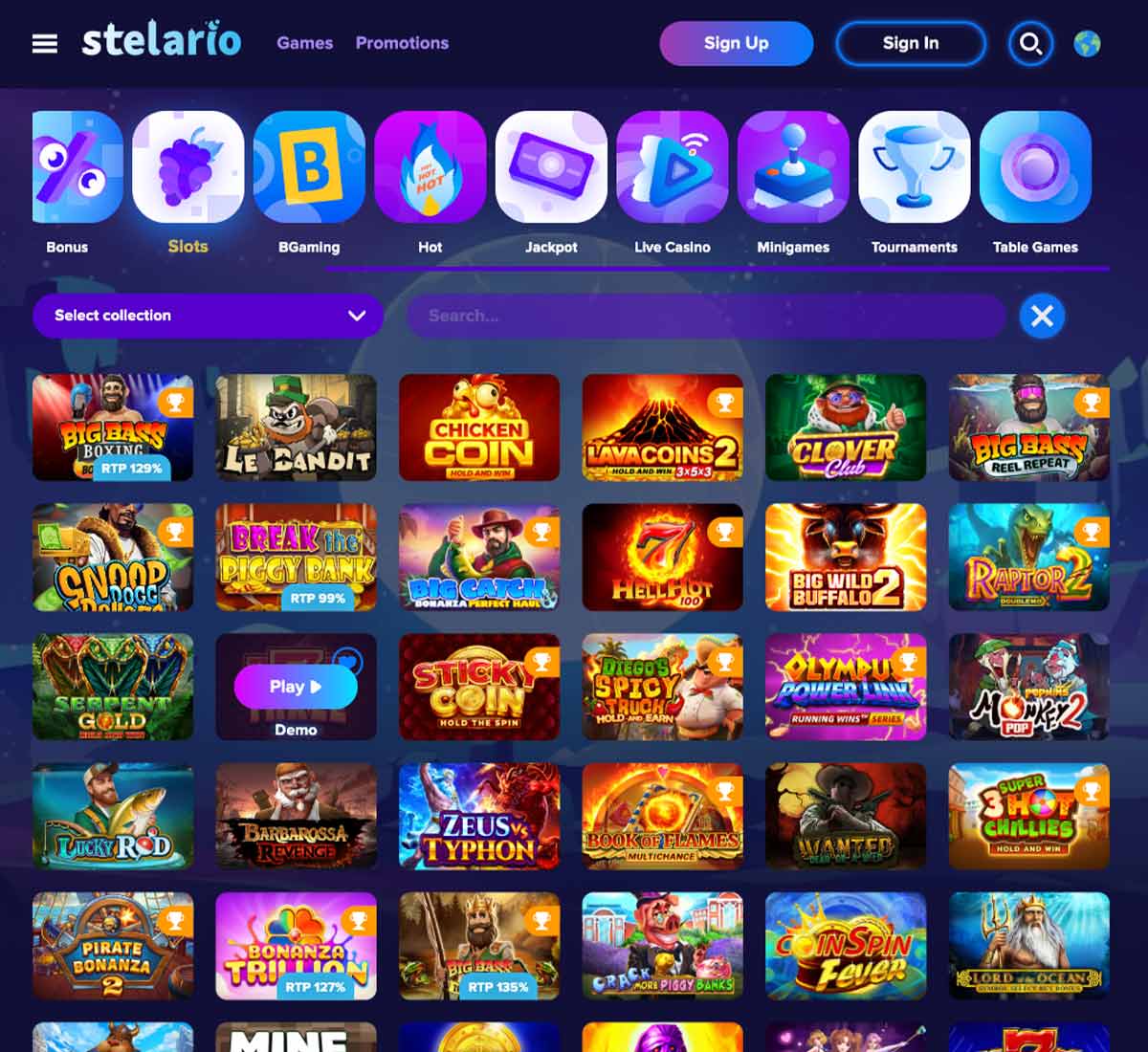 Stelario Casino desktop slots screenshot displaying full game library with categories, featured slots and filtering options on widescreen interface - tested