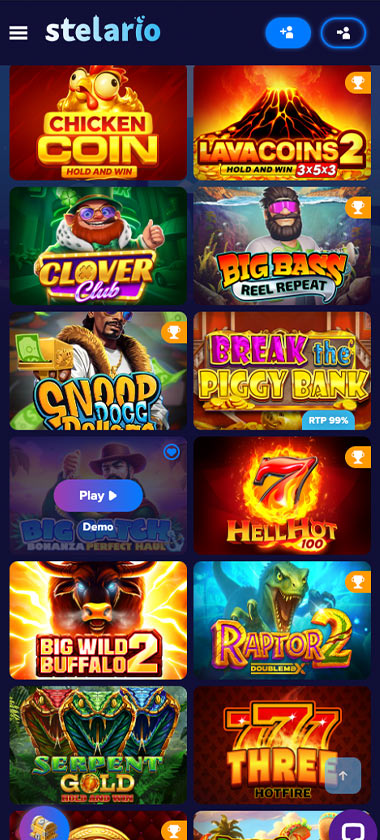 Stelario Casino mobile slots screenshot showing slot game library with featured titles, categories and navigation on smartphone interface - tested