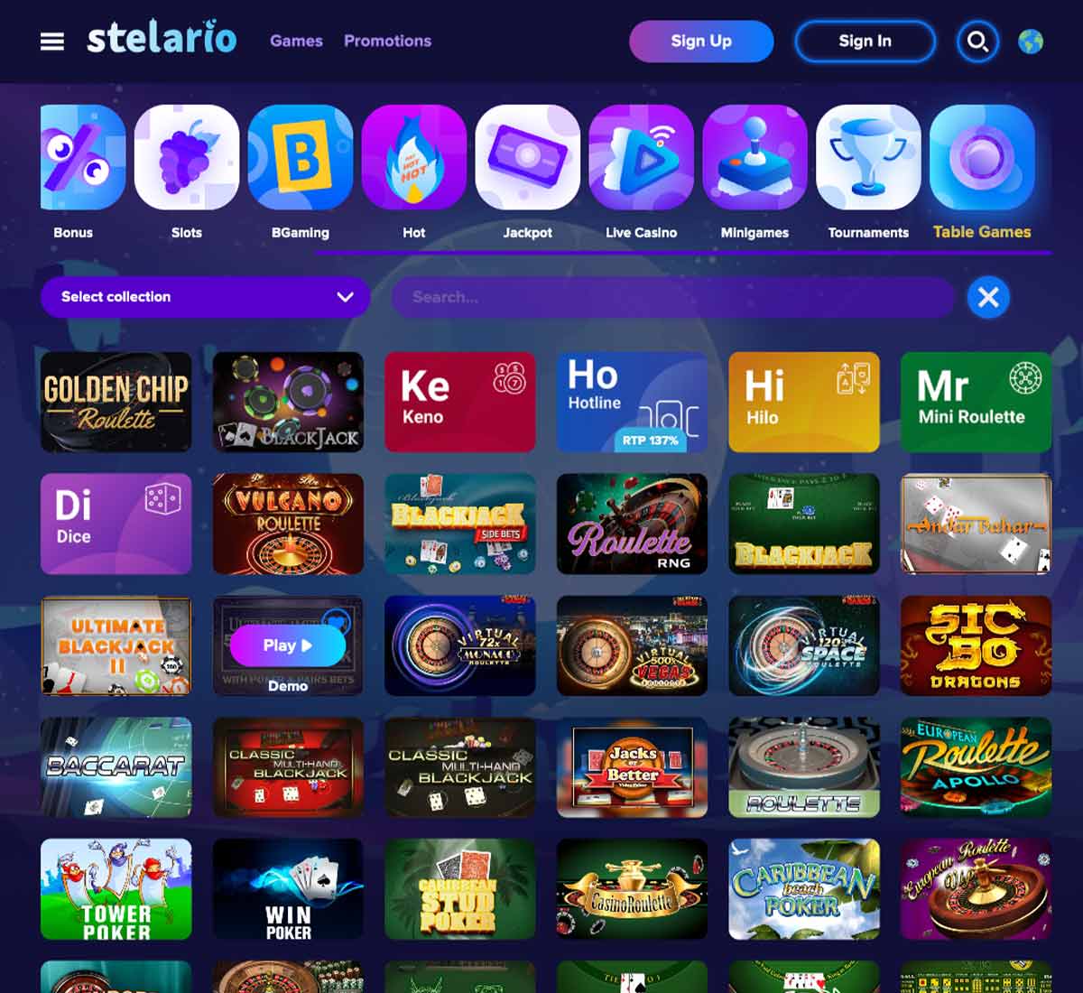 Stelario Casino desktop table games screenshot displaying blackjack, roulette and other table games with categories and filtering options on widescreen interface - tested