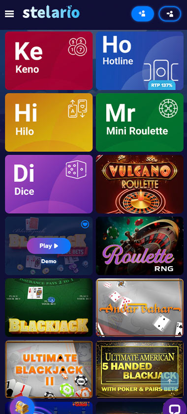 Stelario Casino mobile table games screenshot showing blackjack, roulette and other table games with categories and navigation on smartphone interface - tested