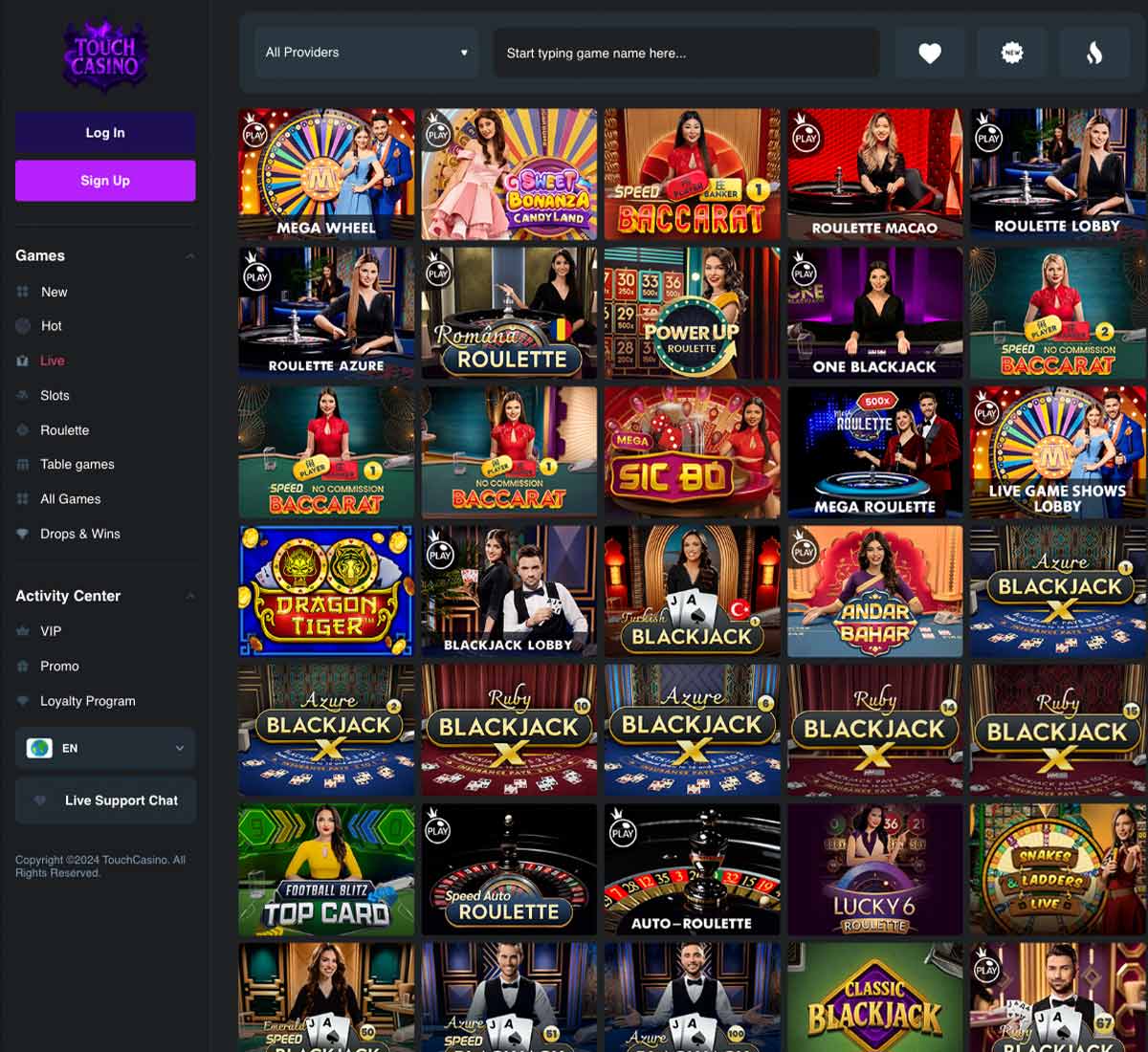 Touch Casino desktop live casino screenshot displaying live dealer tables, game selection and streaming interface on widescreen layout - tested Touch Casino desktop live casino screenshot displaying live dealer tables, game selection and streaming interface on widescreen layout - tested