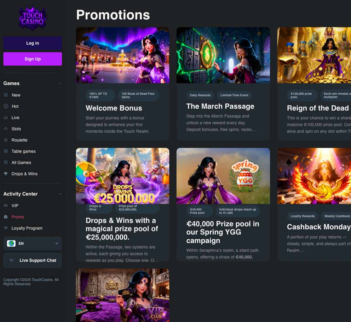 Touch Casino desktop promotions screenshot displaying active bonuses, promotional banners and special offers across the promotions page - tested