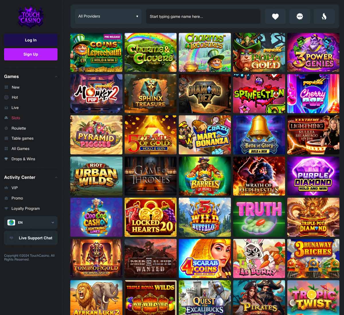 Touch Casino desktop slots screenshot displaying full game library with categories, featured slots and filtering options on widescreen interface - tested Touch Casino desktop slots screenshot displaying full game library with categories, featured slots and filtering options on widescreen interface - tested