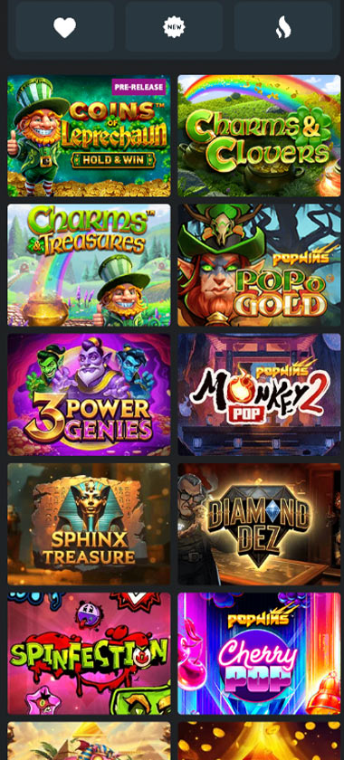 Touch Casino mobile slots screenshot showing slot game library with featured titles, categories and navigation on smartphone interface - tested