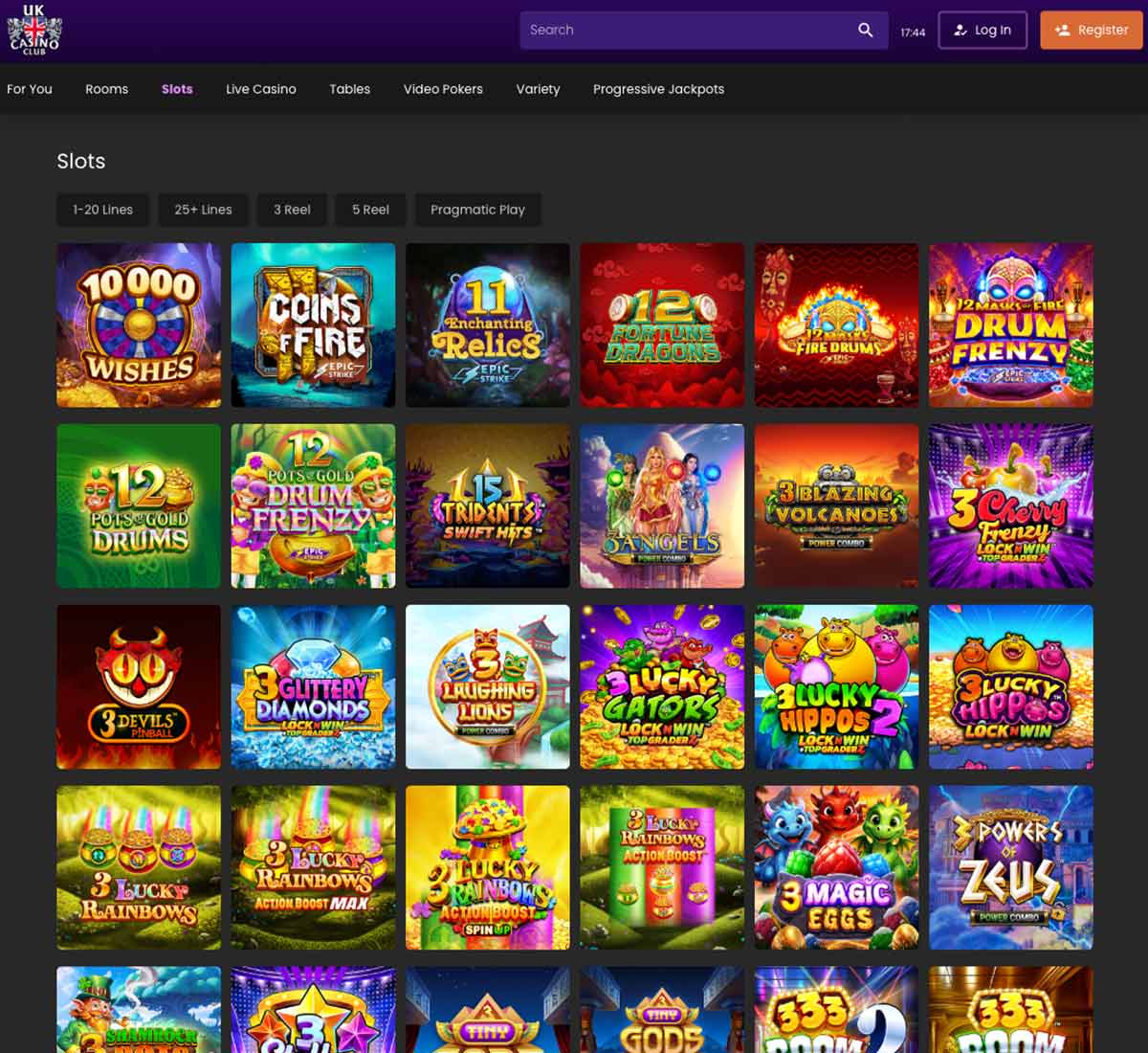 UK Casino Club desktop slots variety screenshot showing multiple slot categories, featured games and provider filters - tested