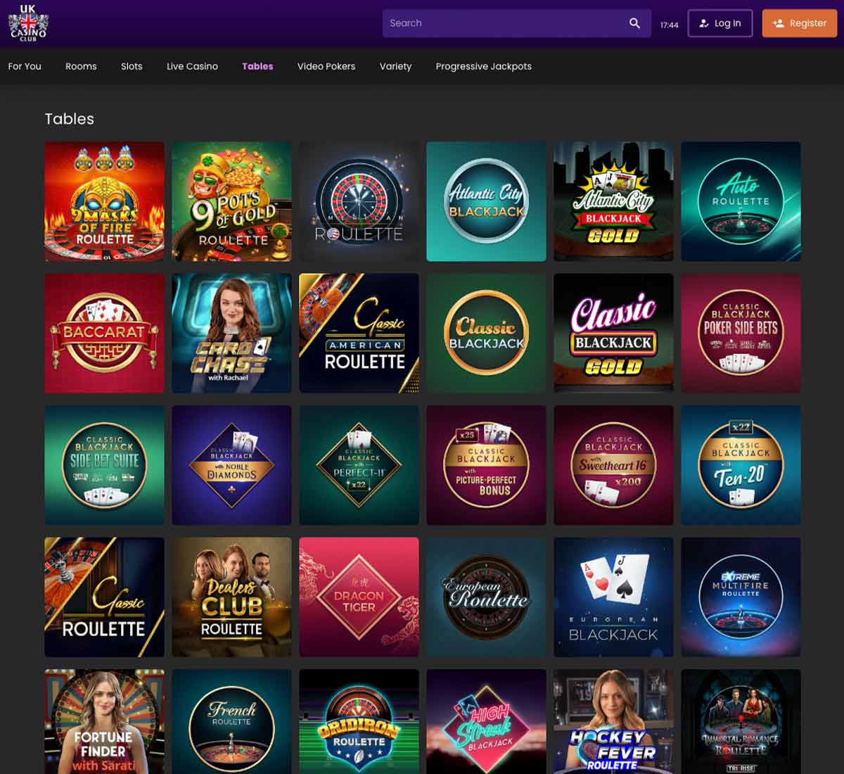 UK Casino Club desktop table games collection screenshot showing various table games, categories and filtering options - tested