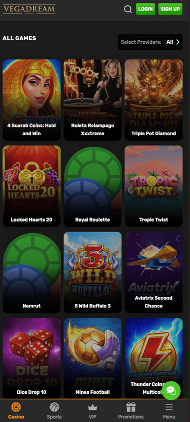 Vegadream Casino mobile Homepage screenshot displaying main navigation, featured games and mobile-friendly interface - tested