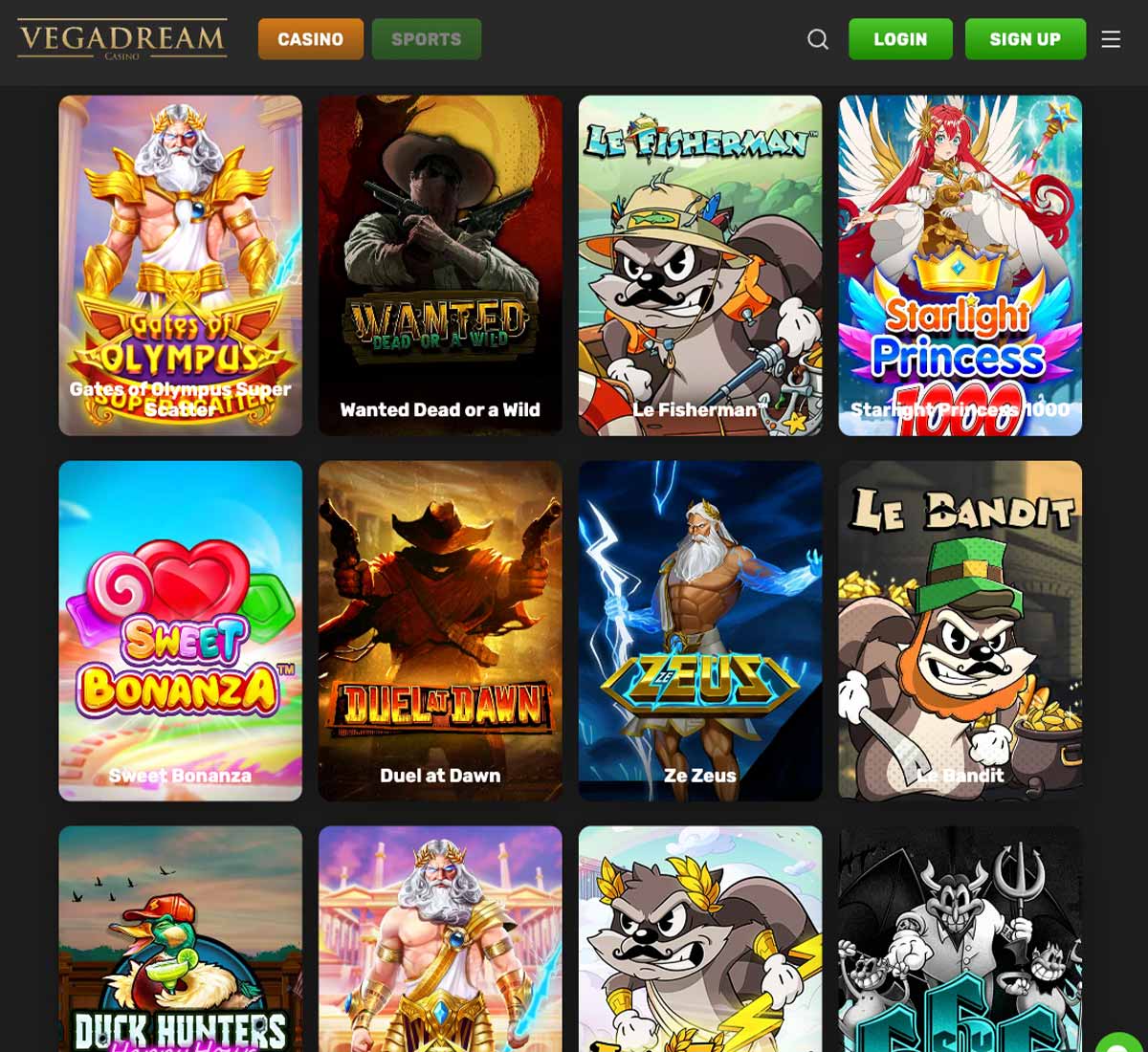 Vegadream Casino desktop popular games screenshot displaying trending casino games, featured titles and categories in the game lobby - tested