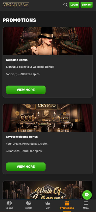 Vegadream Casino mobile loyalty rewards screenshot showing VIP program benefits, reward tiers and exclusive perks - tested