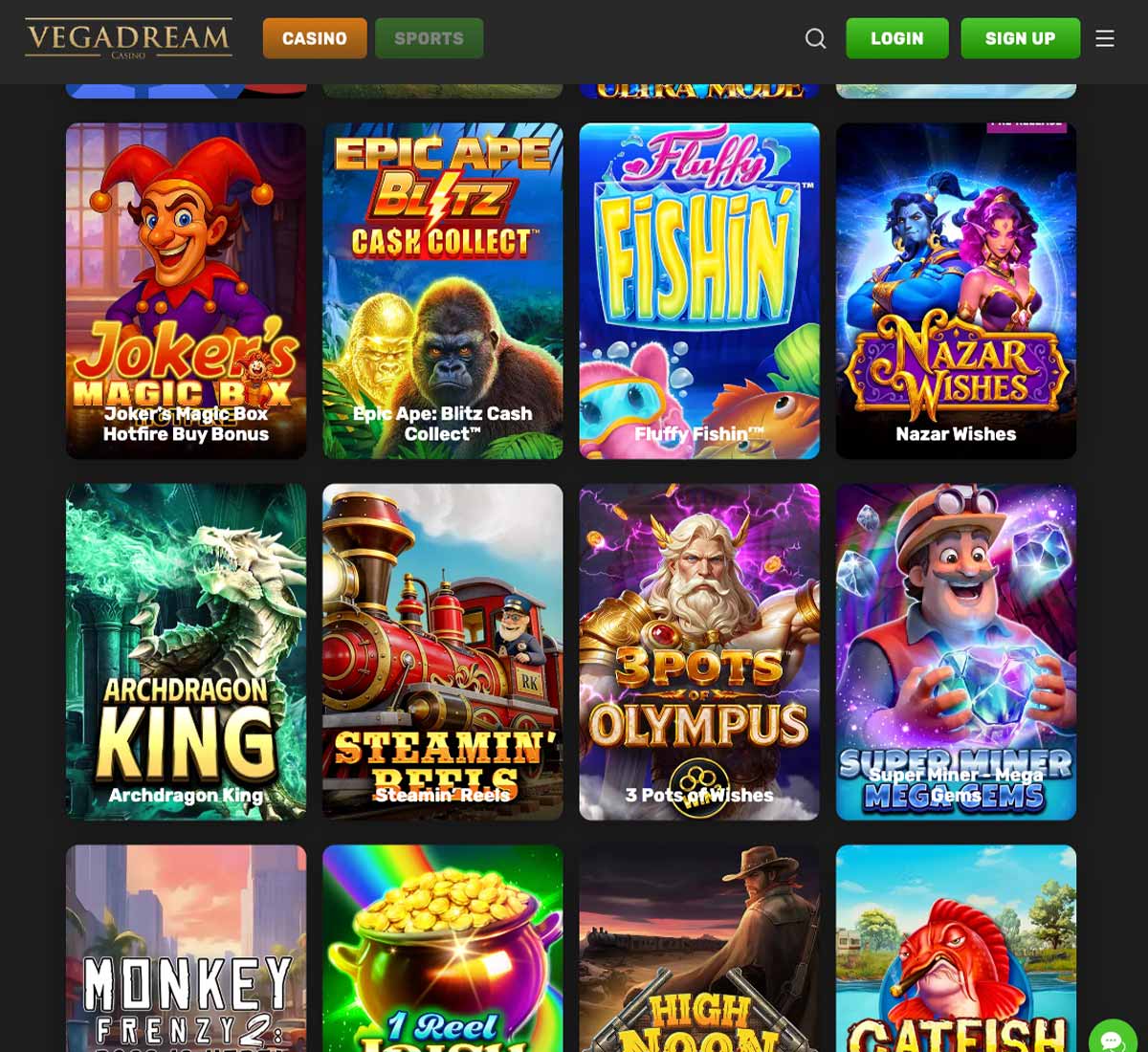 Vegadream Casino desktop Slots screenshot showing multiple slot categories, featured games and provider filters - tested