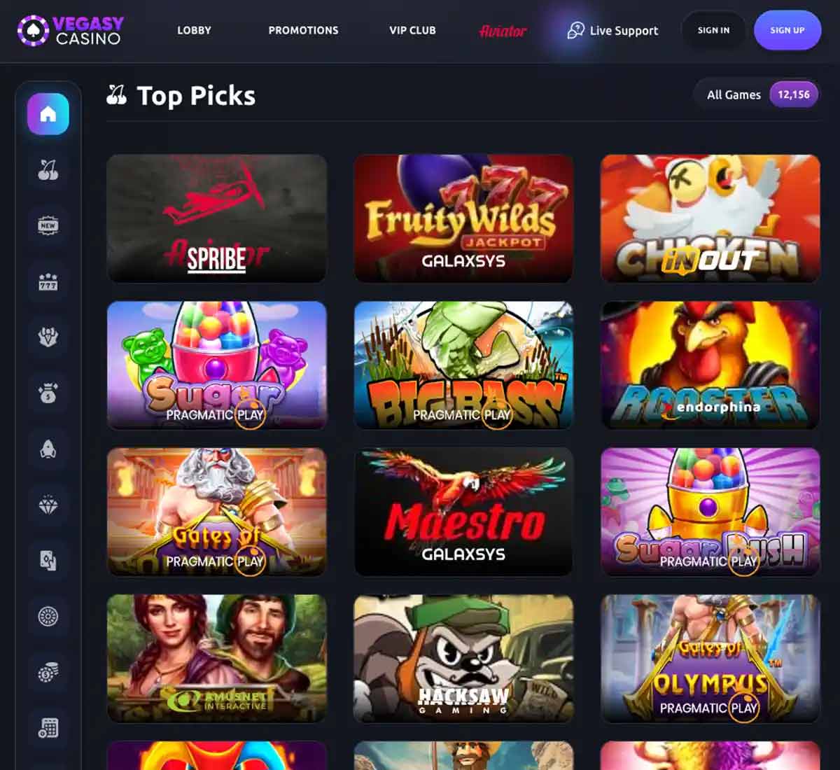 Vegasy Casino desktop homepage screenshot showing hero banners, navigation menu, featured games and promotional sections on the main landing page - tested