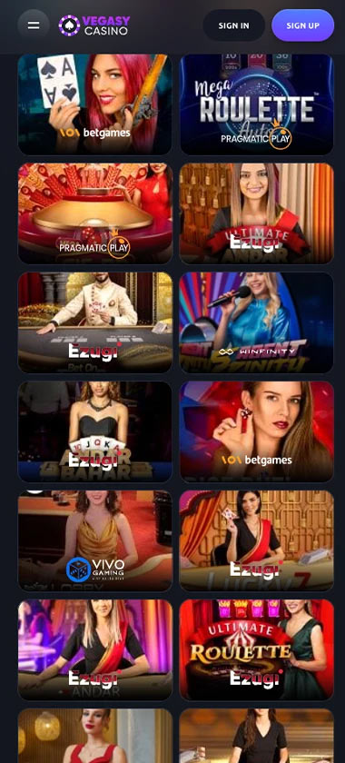 Vegasy Casino mobile live casino screenshot showing live dealer tables, game thumbnails and lobby interface on smartphone - tested