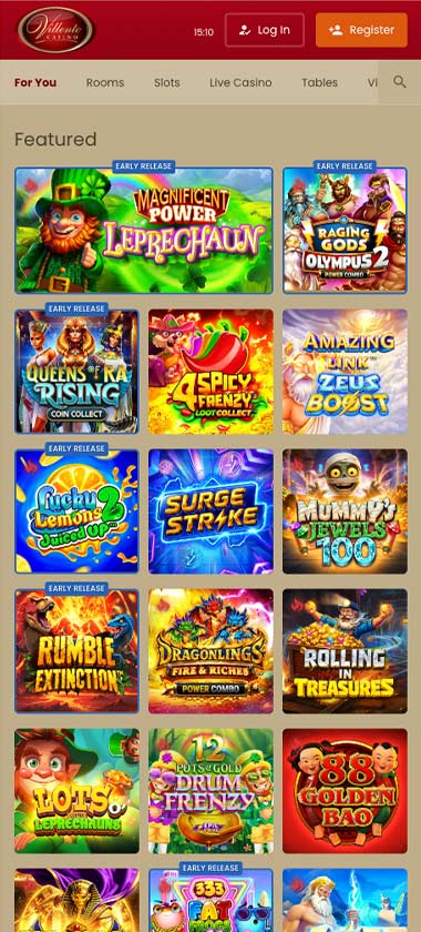 Villento Casino mobile home page screenshot displaying main navigation, featured games and mobile-friendly interface - tested