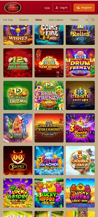 Villento Casino mobile slots variety screenshot displaying featured slots, categories and touch-optimized navigation - tested