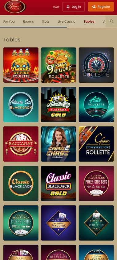Villento Casino mobile table games collection screenshot displaying available table games and mobile-friendly navigation - tested