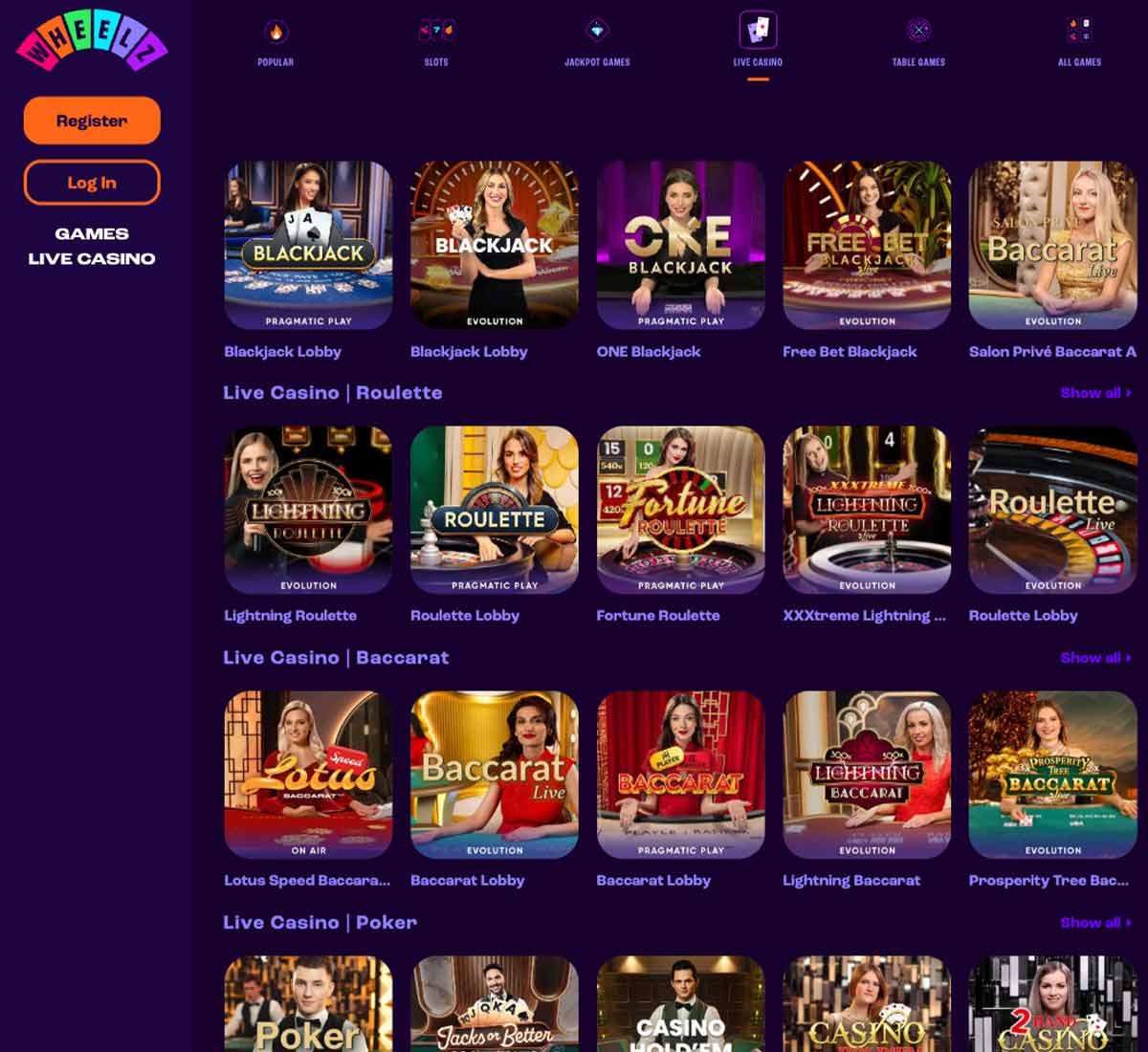 Wheelz Casino desktop live casino screenshot displaying live dealer tables, game selection and streaming interface on widescreen layout - tested