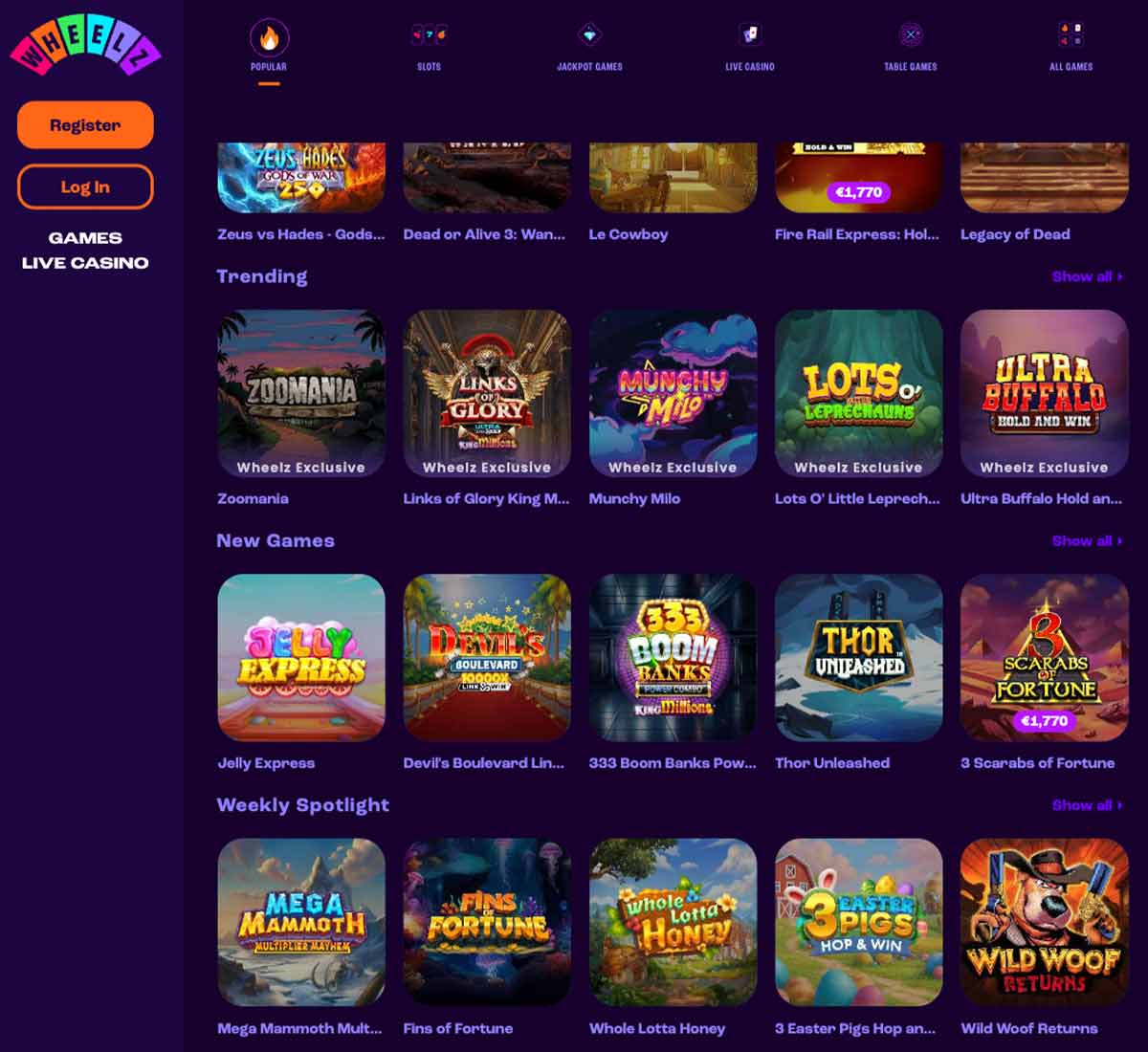 Wheelz Casino desktop popular games screenshot displaying trending and featured titles with categories, filtering options and game thumbnails on widescreen interface - tested