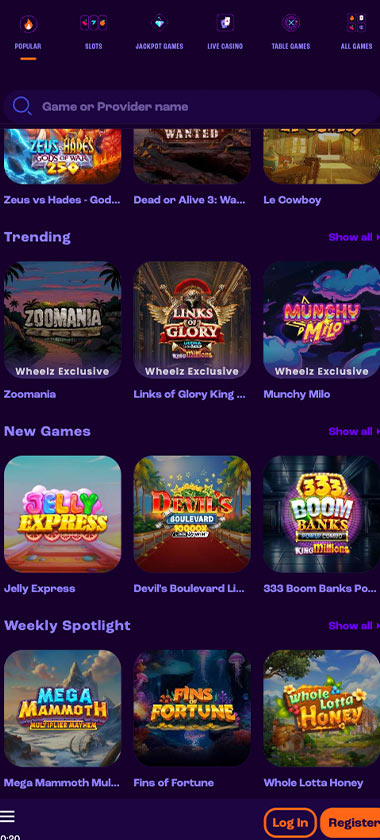 Wheelz Casino mobile popular games screenshot showing trending and featured titles with game thumbnails, categories and navigation on smartphone interface - tested