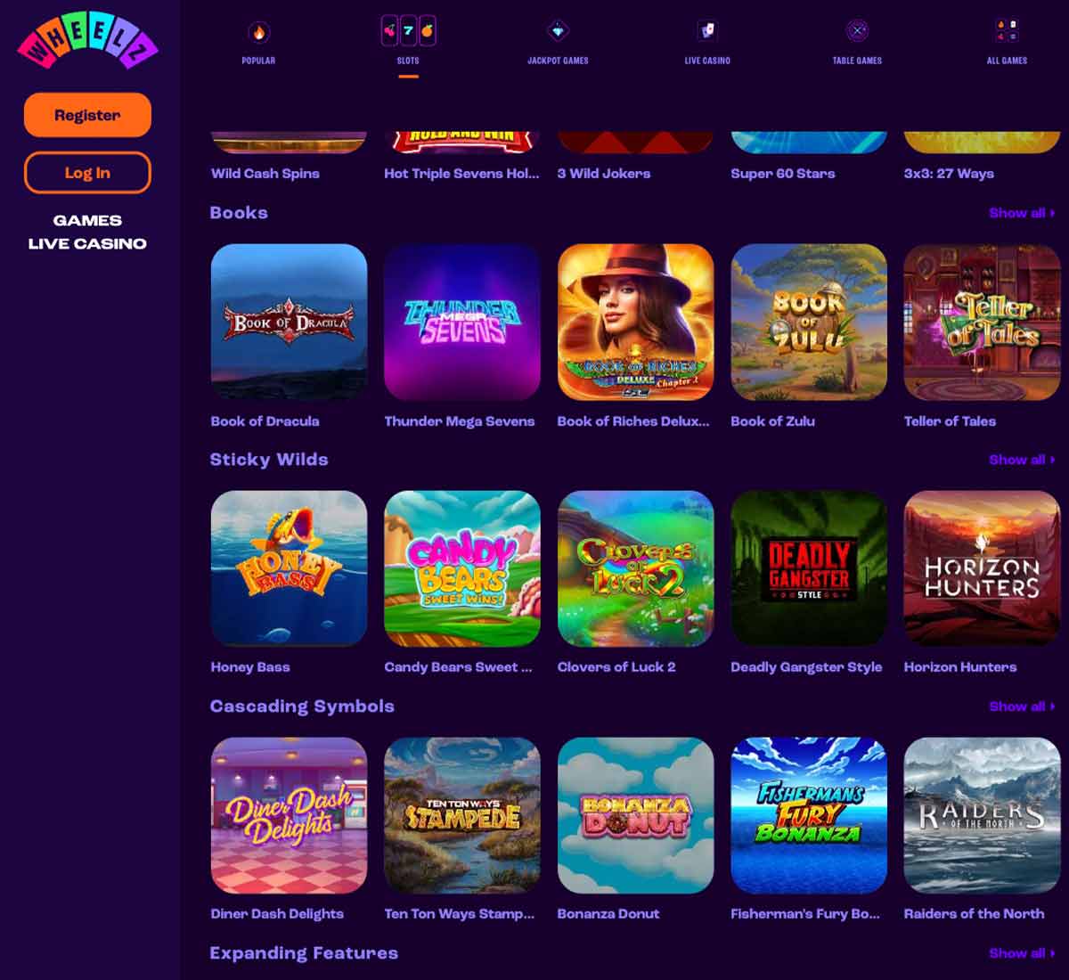 Wheelz Casino desktop slots screenshot displaying full game library with categories, featured slots and filtering options on widescreen interface - tested