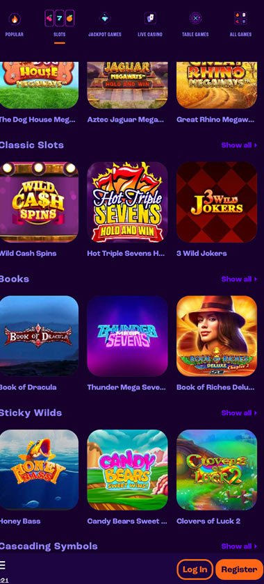 Wheelz Casino mobile slots screenshot showing slot game library with featured titles, categories and navigation on smartphone interface - tested