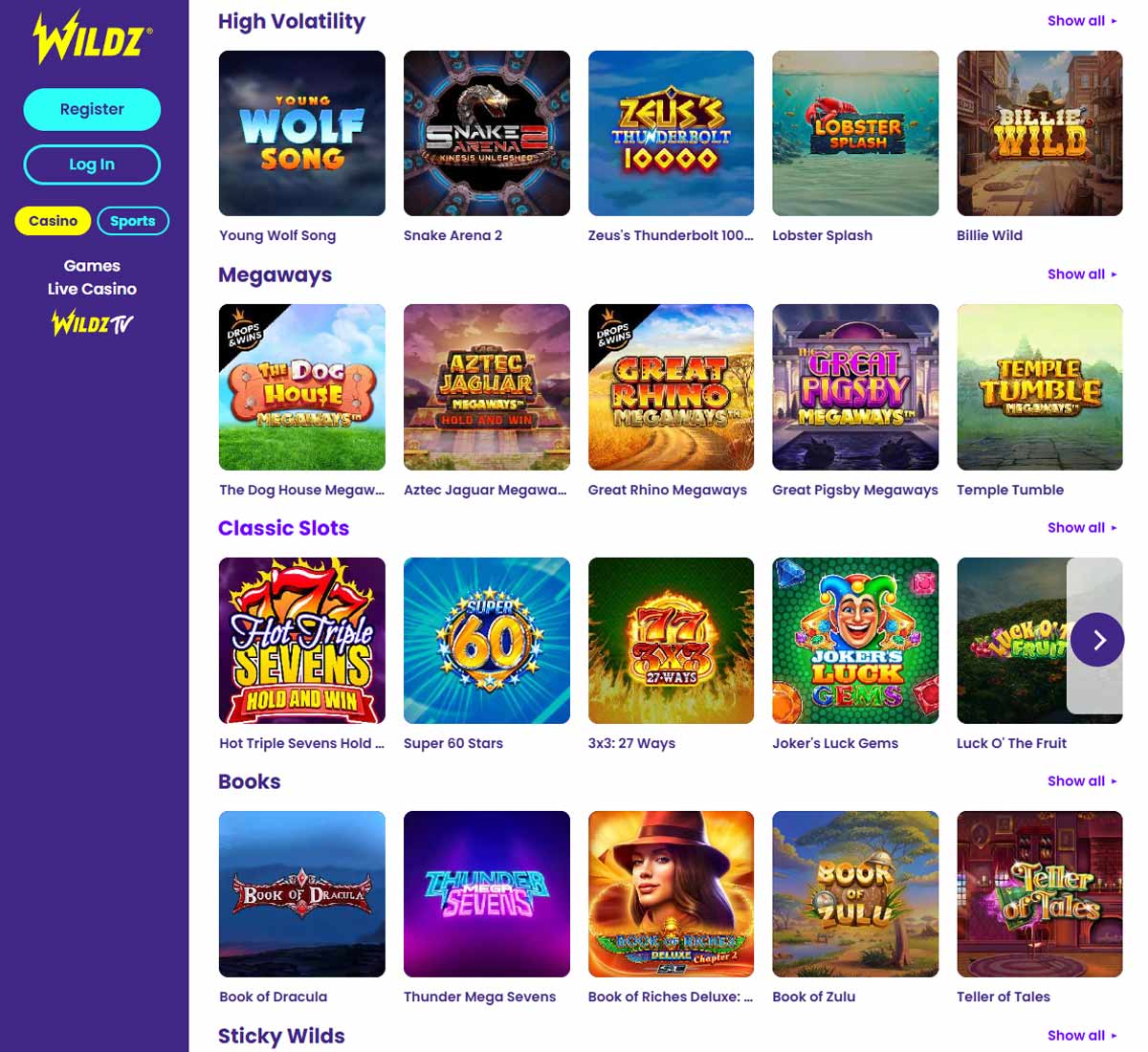 Wildz Casino desktop slots variety screenshot showing multiple slot categories, featured games and provider filters - tested