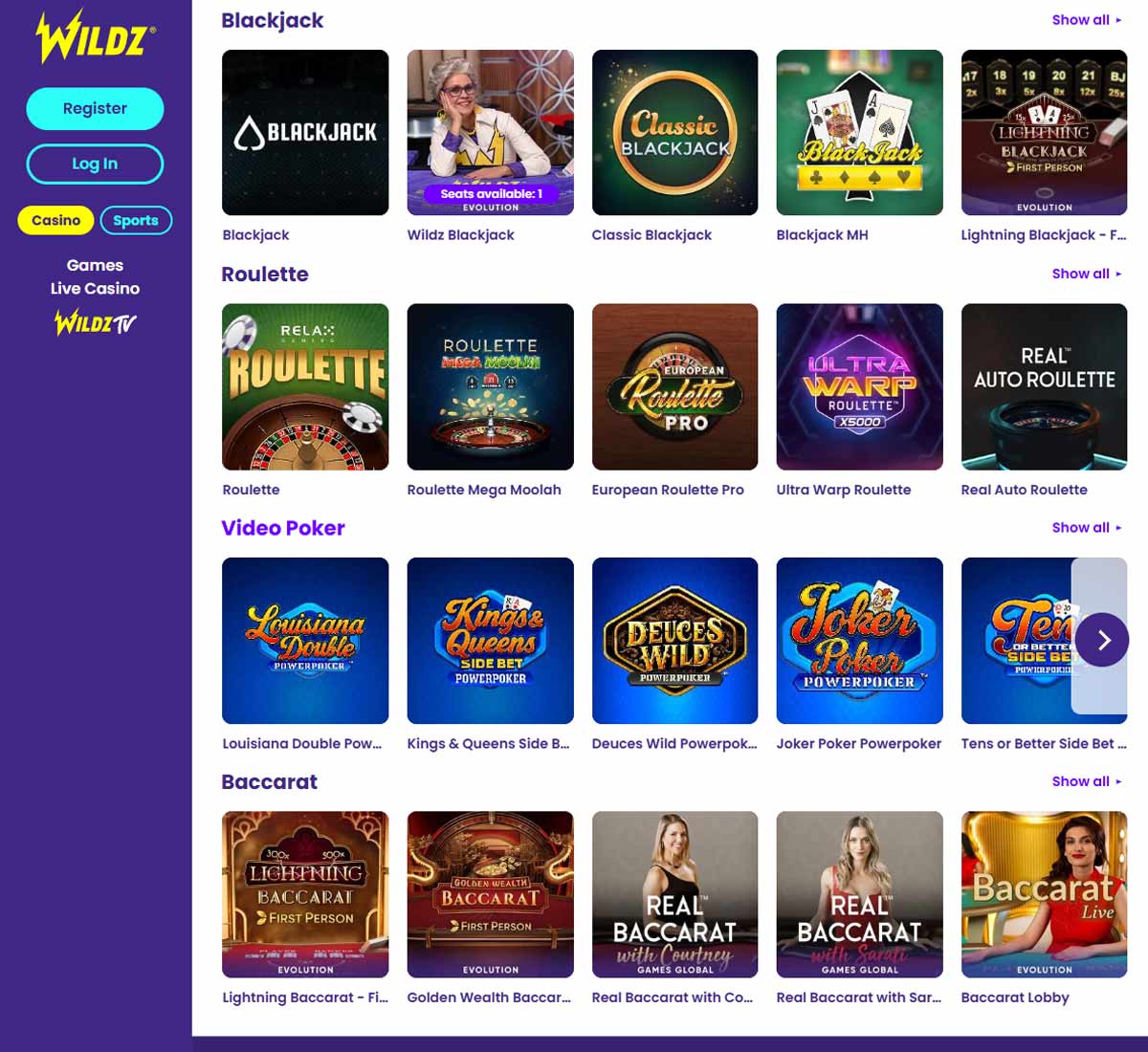 Wildz Casino desktop table games collection screenshot showing various table games, categories and filtering options - tested