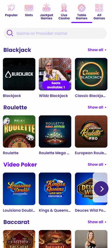 Wildz Casino mobile table games collection screenshot displaying available table games and mobile-friendly navigation - tested
