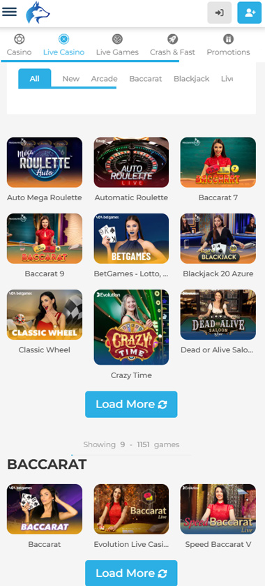 Wolfy Casino mobile live casino games review screenshot showing live dealer tables, game thumbnails and lobby interface on smartphone - tested