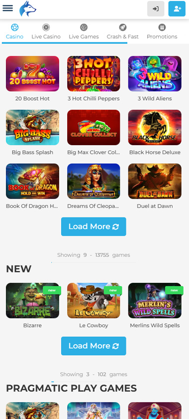 Wolfy Casino mobile slots review screenshot showing slot game library with featured titles, categories and navigation on smartphone interface - tested