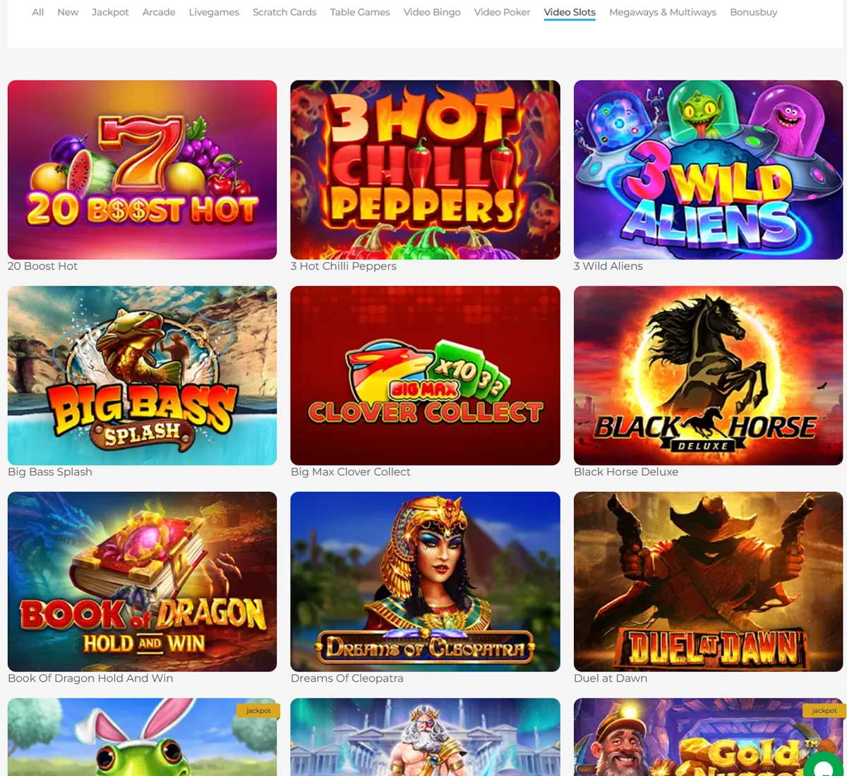 Wolfy Casino slots variety review screenshot showing diverse slot game selection with categories, featured titles and game thumbnails on desktop interface - tested