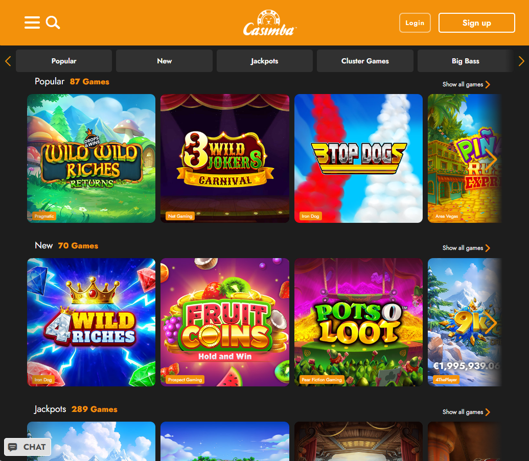 Casimba Casino desktop slots variety screenshot showing multiple slot categories, featured games and provider filters - tested