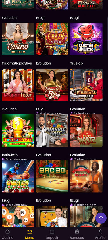 iWild Casino mobile live casino screenshot showing real-dealer tables including roulette, blackjack and baccarat with mobile interface layout - tested