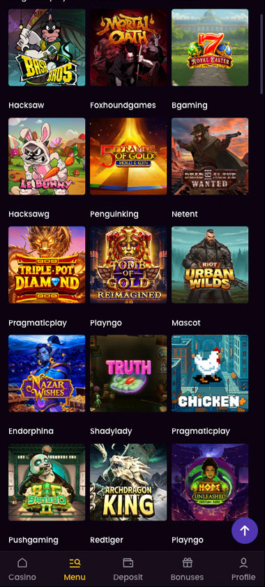 iWild Casino mobile slots screenshot showing slot game thumbnails, categories and featured titles in the mobile game lobby - tested