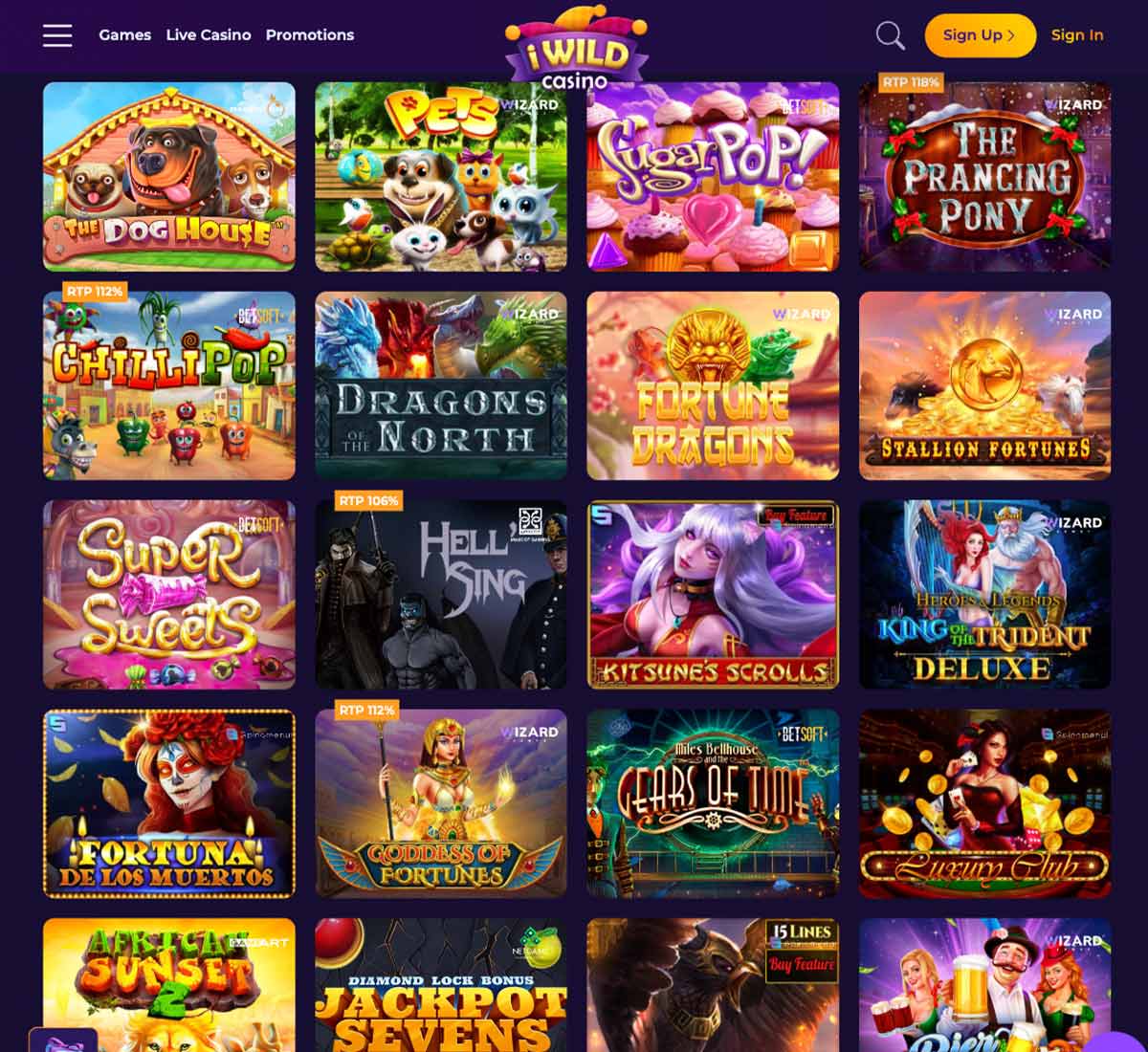 iWild Casino desktop slots variety screenshot showing multiple slot categories, featured games and provider filters in the game lobby - tested