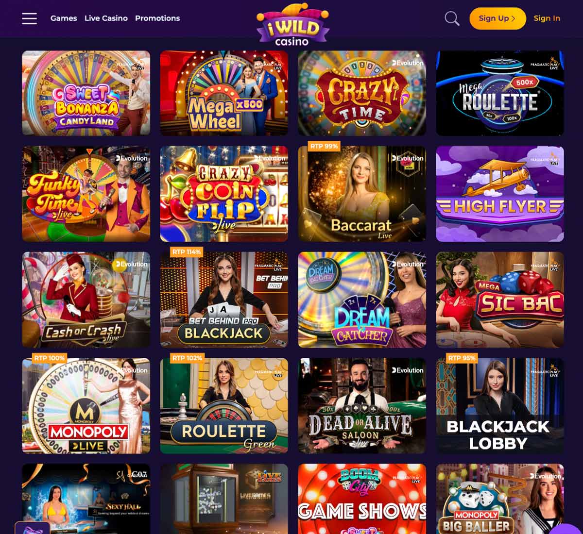 iWild Casino desktop live casino screenshot displaying real-dealer tables including roulette, blackjack and baccarat with lobby navigation - tested