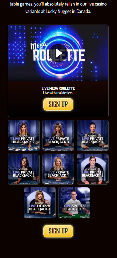Lucky Nugget Casino mobile live dealer games collection screenshot displaying available live tables and categories - tested