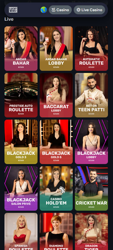 Lucky Wins Casino mobile live casino games review screenshot showing live dealer tables, game thumbnails and lobby interface on smartphone - tested