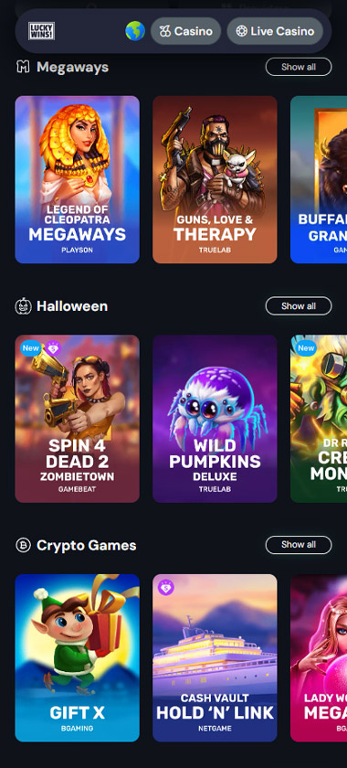 Lucky Wins Casino mobile slots review screenshot showing slot game library with featured titles, categories and navigation on smartphone interface - tested