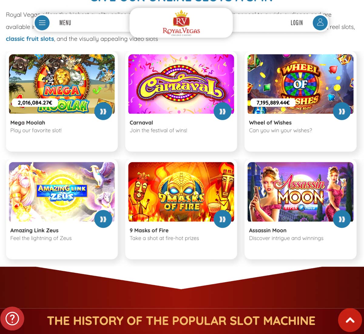 Royal Vegas Casino desktop slots variety screenshot showing multiple slot categories, featured games and provider filters - tested