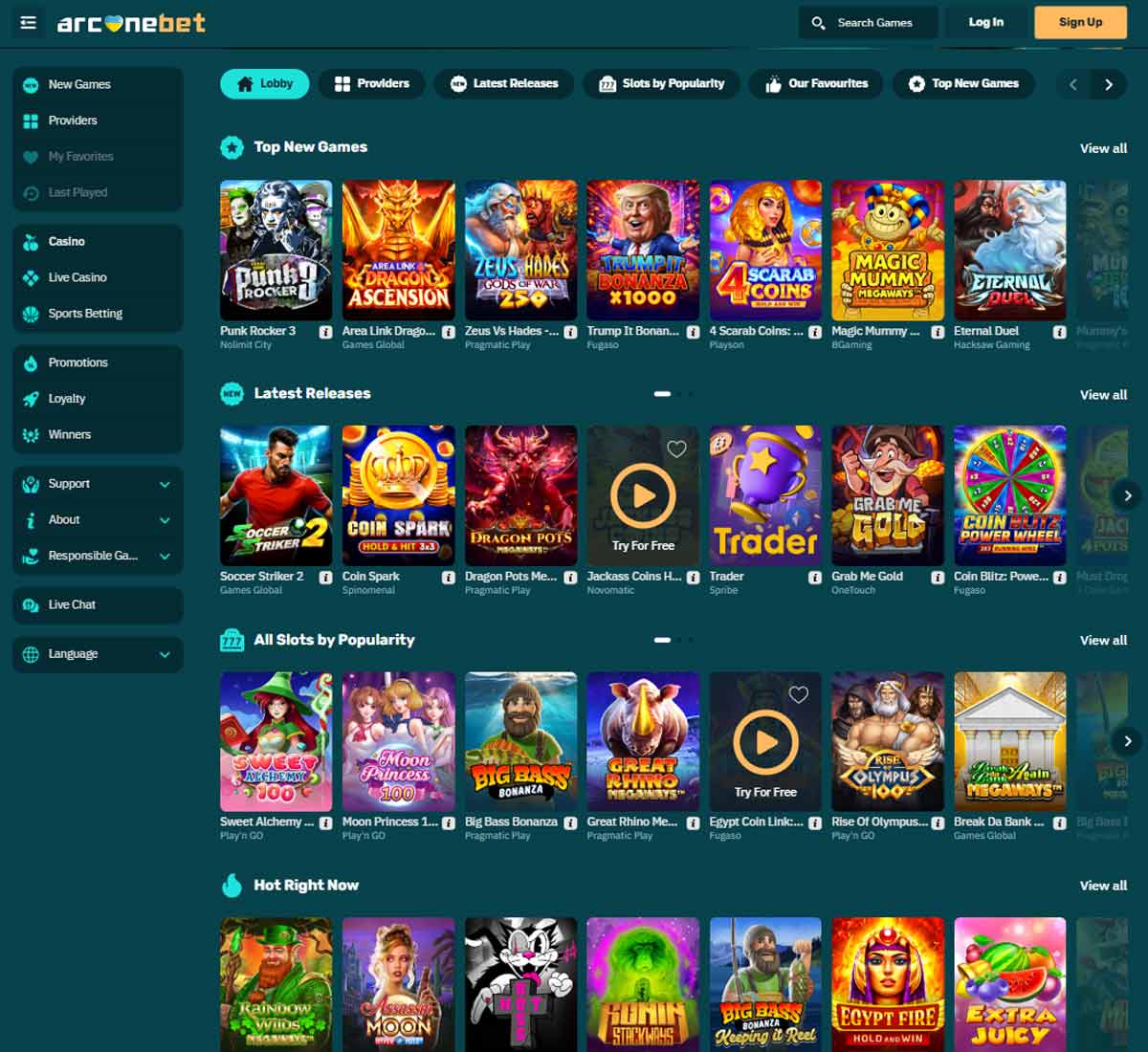 Arcanebet Casino desktop casino lobby screenshot displaying game categories, navigation menu, featured titles, and main lobby interface on widescreen layout - tested