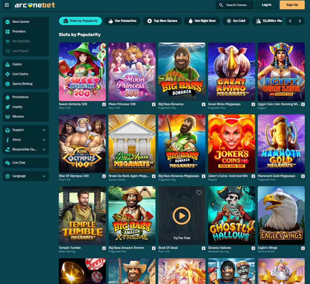 Arcanebet Casino desktop slots screenshot displaying full game library with categories, featured slots, and filtering options on widescreen interface - tested