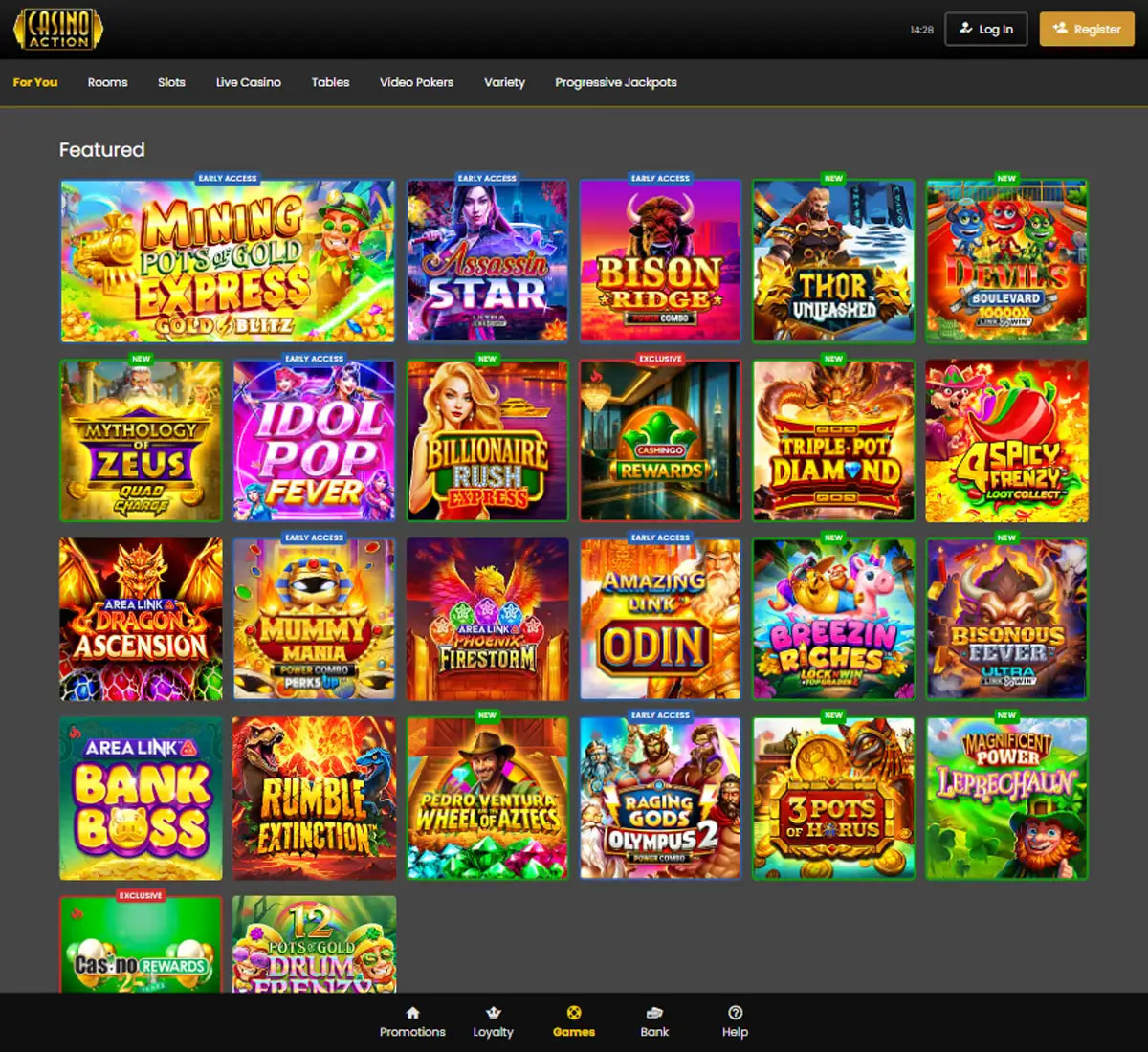 Casino Action desktop homepage screenshot showing hero banners, navigation menu, featured games and promotional sections on the main landing page - tested
